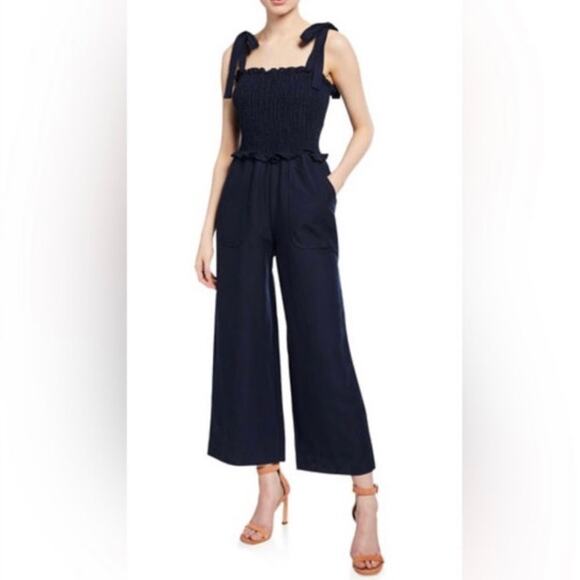Rebecca Taylor Navy Blue Smocked Tie Strap Wide Leg Sleeveless Jumpsuit Size 0